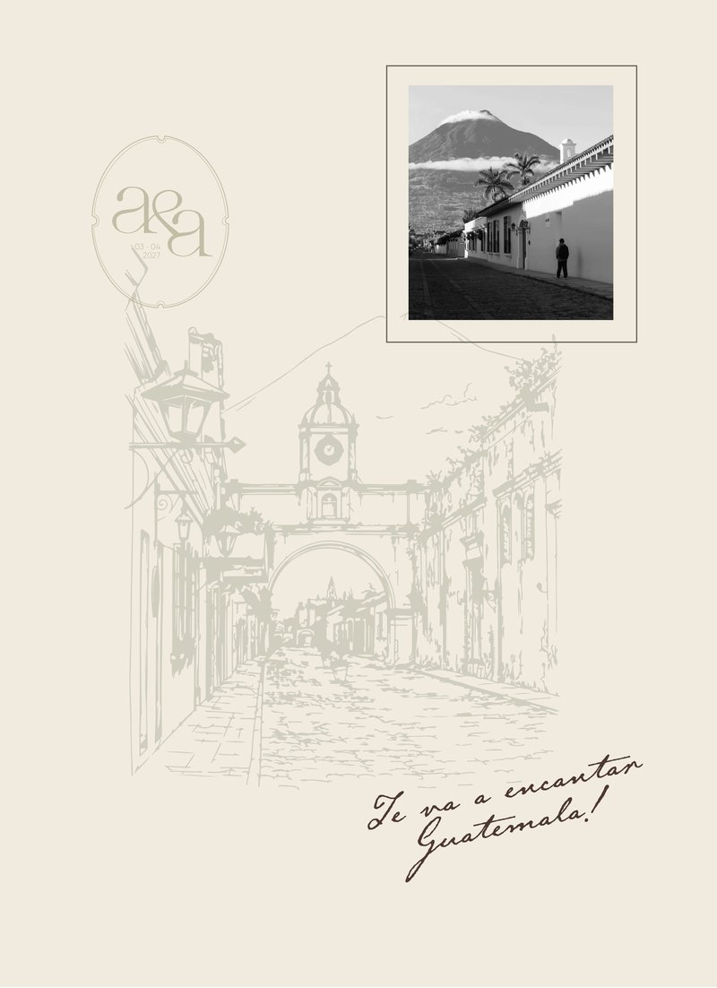 Ilustración de una calle de Antigua Guatemala con el Arco de Santa Catalina